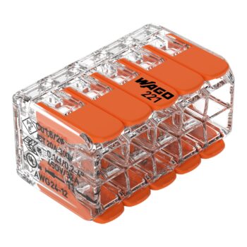 Wago 221-420 transparent 10-port lever connector for 0.2–4mm² wiring, featuring CAGE CLAMP® terminals for 32A, 450V applications.