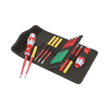 Wera Kraftform Kompakt VDE Stainless 17 Piece Screwdriver Set with insulated stainless steel blades, soft ergonomic handles, and compact storage pouch for safe electrical work.