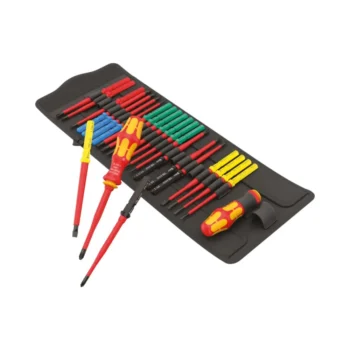 Wera Kraftform Kompakt VDE 26 Piece Screwdriver Set with interchangeable insulated blades, soft-grip handles, and compact storage pouch for electrical applications.