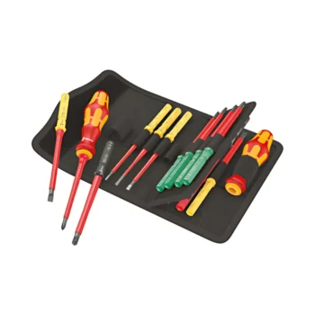 Wera Kraftform Kompakt VDE 17 Piece Screwdriver Set with insulated blades, interchangeable handle system, and carrying pouch for safe electrical work.