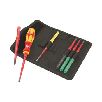 Wera Kraftform Kompakt VDE 9 Piece Screwdriver Set with insulated stainless steel blades, ergonomic anti-roll handle, and compact textile pouch for electrical tasks.