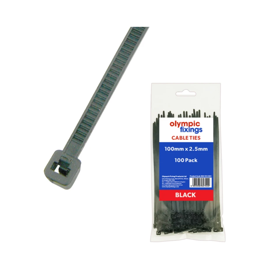 Olympic Fixings 140x3.6mm Black Cable Ties - Pack of 100 1 Olympic Fixings 080-170-015 Olympic Fixings 140x3.6mm Black Cable Ties - Pack of 100