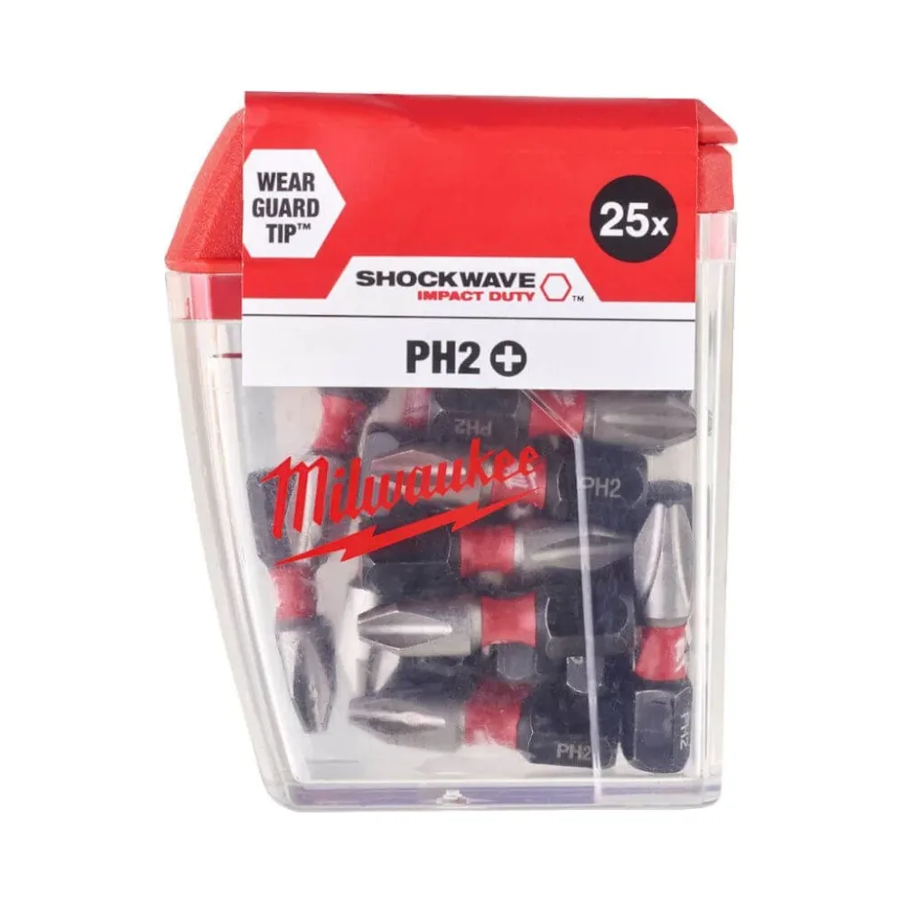 Milwaukee Shockwave Screwdriver Bit Philips PH2 x 25mm Impact Duty - Pack of 25 2 Milwaukee Shockwave Screwdriver Bit Philips PH2 x 25mm Impact Duty - Pack of 25 2