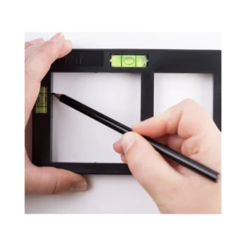 Avit AV02034 socket box marking template with built-in bubble levels for horizontal and vertical alignment, compact plastic design for fast socket marking.