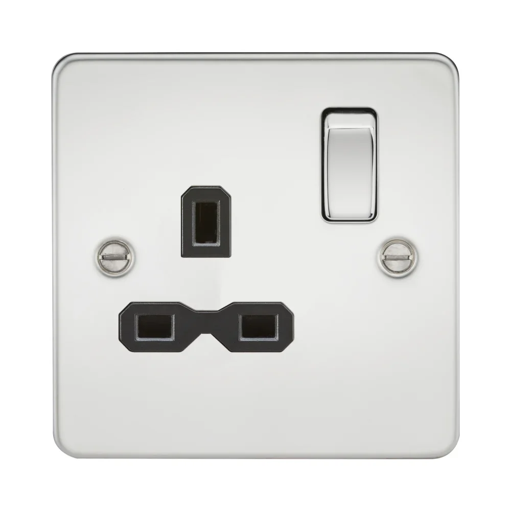 Knightsbridge Flat Plate 13A 1G DP Switched Socket - Polished Chrome with Black Insert 1 Knightsbridge FPR7000PC Knightsbridge Flat Plate 13A 1G DP Switched Socket - Polished Chrome with Black Insert