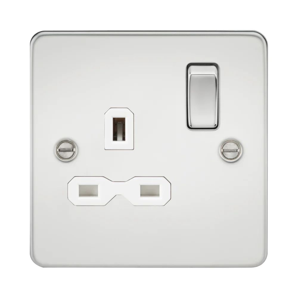 Knightsbridge Flat Plate 13A 1G DP Switched Socket - Polished Chrome with White Insert 1 Knightsbridge FPR7000PCW Knightsbridge Flat Plate 13A 1G DP Switched Socket - Polished Chrome with White Insert