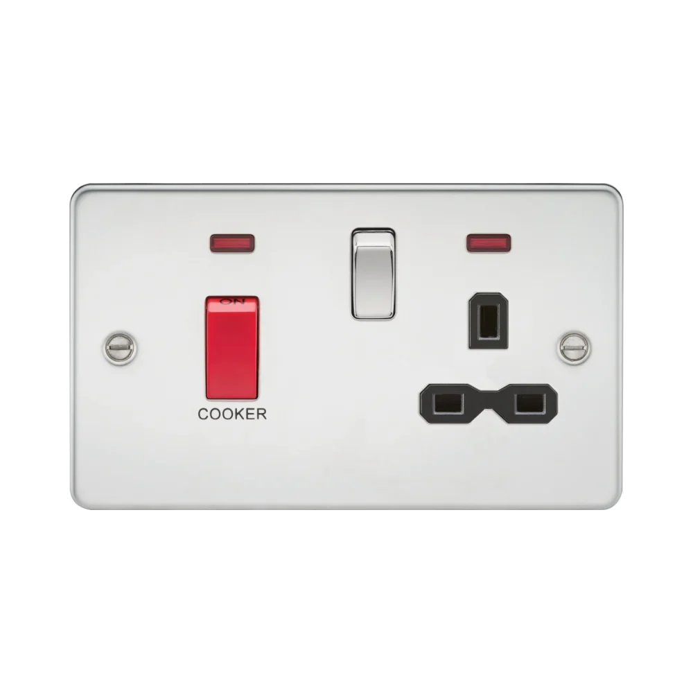 Knightsbridge Flat Plate 45A DP Switch and 13A Switched Socket with Neon - Polished Chrome with Black Insert 1 Knightsbridge FPR8333NPC Knightsbridge Flat Plate 45A DP Switch and 13A Switched Socket with Neon - Polished Chrome with Black Insert