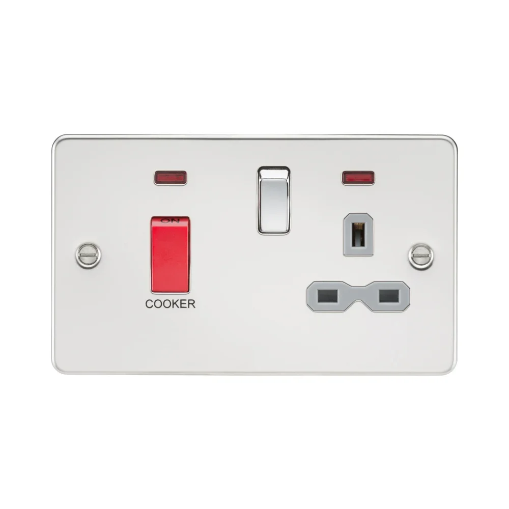 Knightsbridge Flat Plate 45A DP Switch and 13A Switched Socket with Neon - Polished Chrome with Grey Insert 1 Knightsbridge FPR8333NPCG Knightsbridge Flat Plate 45A DP Switch and 13A Switched Socket with Neon - Polished Chrome with Grey Insert
