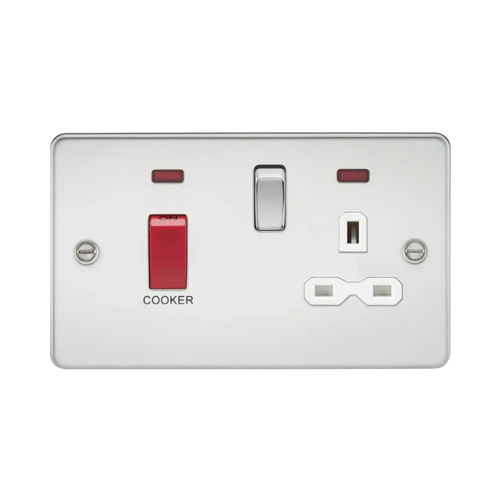 Knightsbridge Flat Plate 45A DP Switch and 13A Switched Socket with Neon - Polished Chrome with White Insert 1 Knightsbridge FPR8333NPCW Knightsbridge Flat Plate 45A DP Switch and 13A Switched Socket with Neon - Polished Chrome with White Insert
