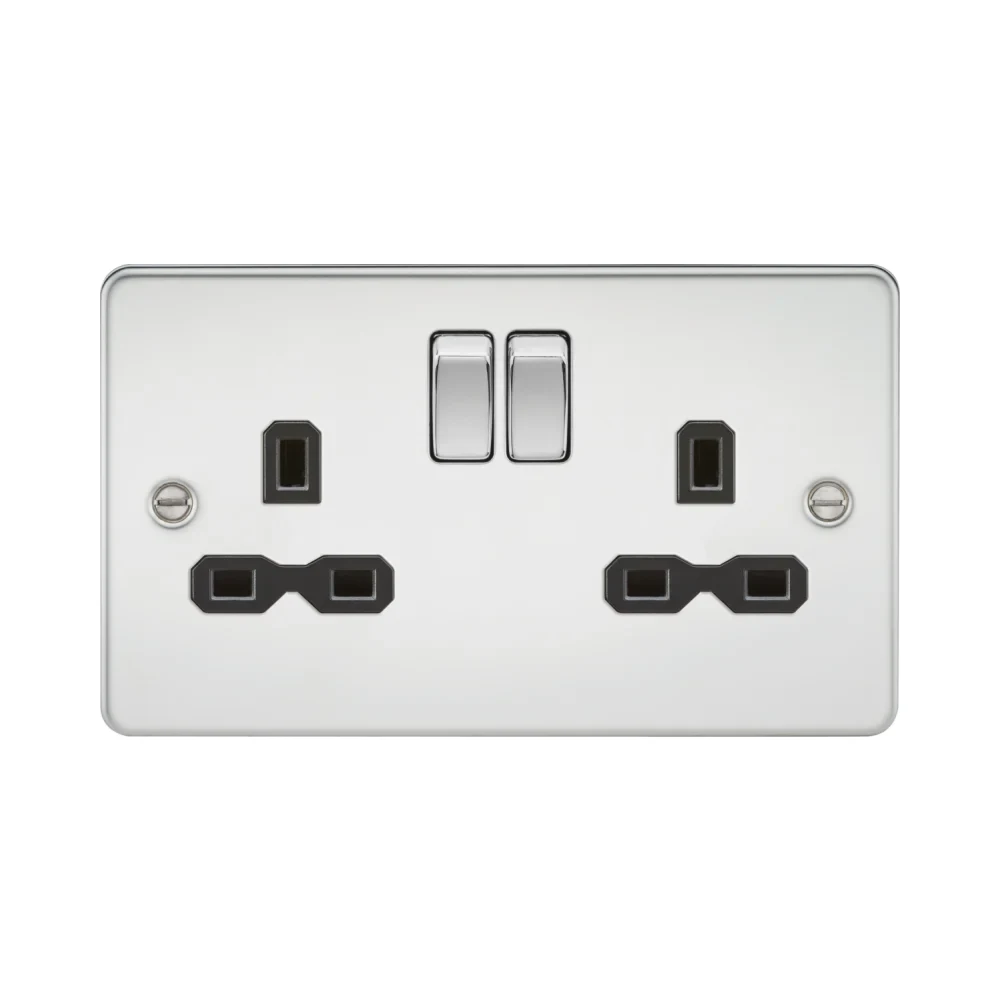 Knightsbridge Flat Plate 13A 2G DP Switched Socket - Polished Chrome with Black Insert 1 Knightsbridge FPR9000PC Knightsbridge Flat Plate 13A 2G DP Switched Socket - Polished Chrome with Black Insert