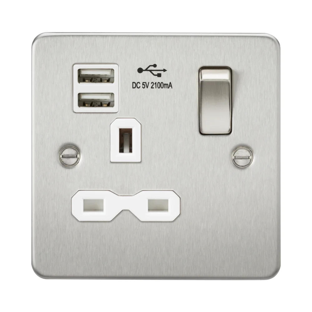 Knightsbridge | FPR9901BCW | 13A 1G Switched Socket with Dual USB Charger | 2.1A | Brushed Chrome | White Insert 1 Knightsbridge FPR9901BCW USB Socket