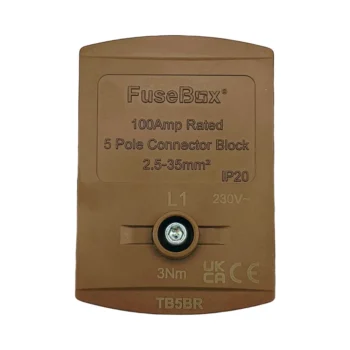 FuseBox TB5BR 100A brown terminal block with twin-screw connectors and locking cover, used for Phase L1 meter tail wiring in consumer units or meter panels.