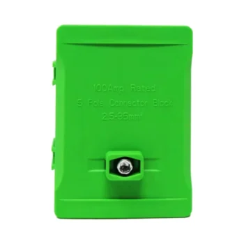 Garo DNO5E 100A green 5 way terminal block designed for protective earth wiring, compatible with 2.5mm² to 35mm² cables in electrical installations.
