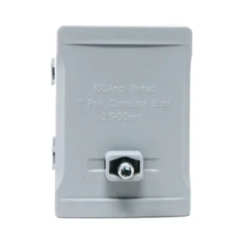 Garo DNO5G 100A grey terminal block with 5 connection points, suitable for 2.5mm² to 35mm² cables in power distribution applications.