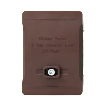 Garo DNO5P 100A brown 5 pole terminal block for live phase wiring, suitable for 2.5mm² to 35mm² cables in industrial and commercial electrical panels.