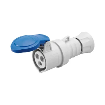 Blue Gewiss GW62015H 32A straight 3 pin plug (2P+E) with IP44/IP54-rated casing and screw wiring for secure single-phase power connections.