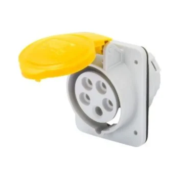 Yellow Gewiss GW62201H 16A 110V socket (2P+E 3 pin) with IP44/IP54-rated angled flush-mount housing and screw terminals for industrial or site use.