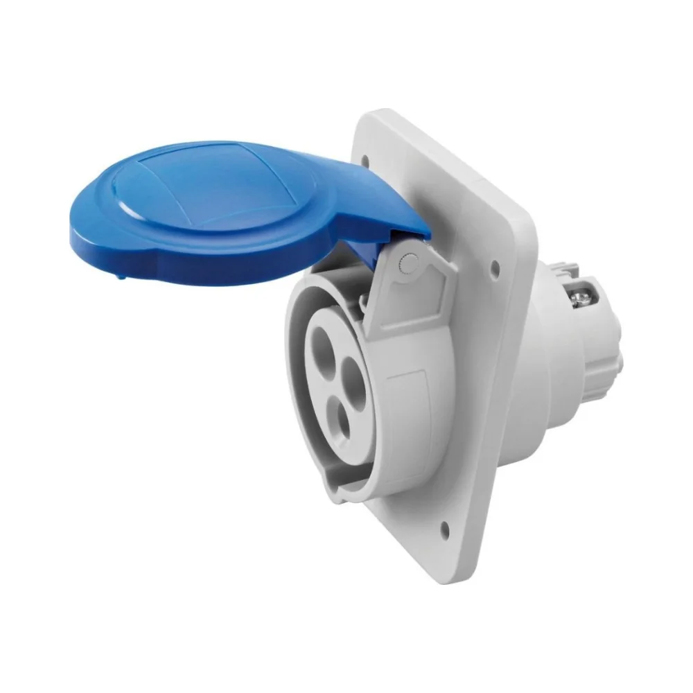 Gewiss GW62205H – 16A 2P+E 250V Angled Flush-Mounting Blue Socket Outlet – IP44/IP54 1 Blue Gewiss GW62205H 16A 3 pin socket outlet (2P+E) with angled flush-mount design, IP44/IP54 protection, and screw wiring terminals for industrial use.