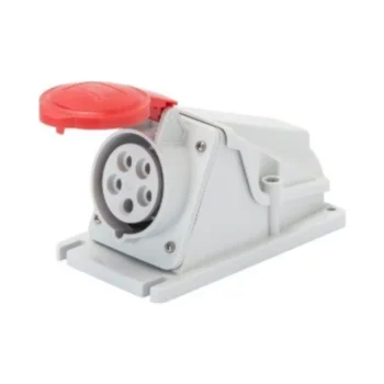 Red Gewiss GW62482 16A 3P+N+E surface-mounted 5 pin socket with 90° angled housing, IP44 protection, and screw terminals for three-phase industrial use.