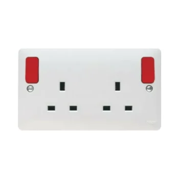 Hager WMSS82OR Hager Sollysta WMSS82OR 2 Gang 13A Switched Doubled Socket - Outboard Red Rockers 1