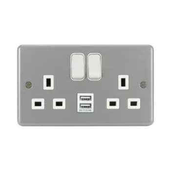 Hager WPSS82-USB Hager Sollysta 13A 2 Gang Double Pole Switched Socket with Twin USB - Grey