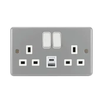 Hager WPSS82-USBAC Hager Sollysta 13A 2 Gang Double Pole Switched Socket with USB A+C - Grey