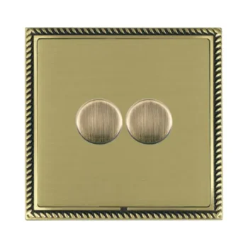 Hamilton LGX2XLEDITB100AB-SB Linea-Georgian CFX Antique Brass Frame/Satin Brass Plate 2 Gang 100W 2 Way Push On/Off Rotary Switching LED Dimmer with Antique Brass Knobs