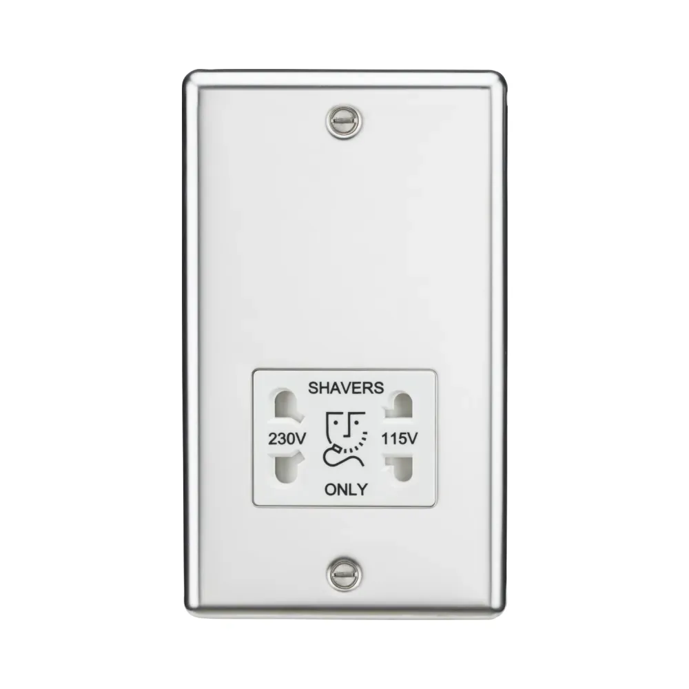 Knightsbridge CL89PCW Rounded Edge Polished Chrome with White Insert Shaver Socket 1 Knightsbridge CL89PCW Knightsbridge Rounded Edge 115V/230V Dual Voltage Shaver Socket - Polished Chrome with White Insert
