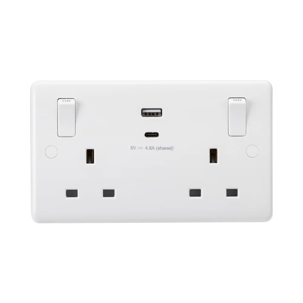 Knightsbridge | CU9002 | Curved Edge | 13A Double Switched Socket Single Pole with Dual USB A+C 5V DC and Outboard Rockers 1 Knightsbridge CU9002 13A Double Switched Socket USB
