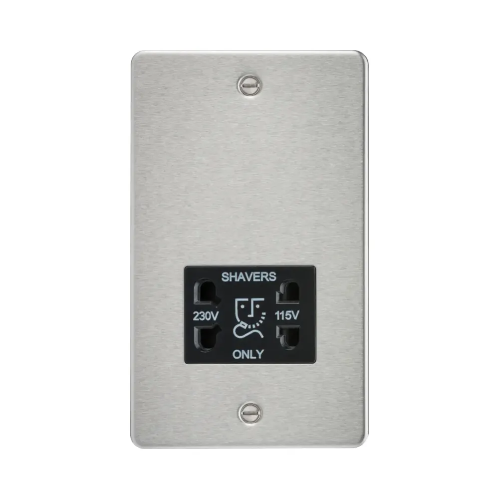 Knightsbridge FP8900BC Flat Plate Brushed Chrome with Black Insert Shaver Socket 1 Knightsbridge FP8900BC Knightsbridge FP8900BC Flat Plate 115/230V Dual Voltage Shaver Socket - Brushed Chrome with Black Insert