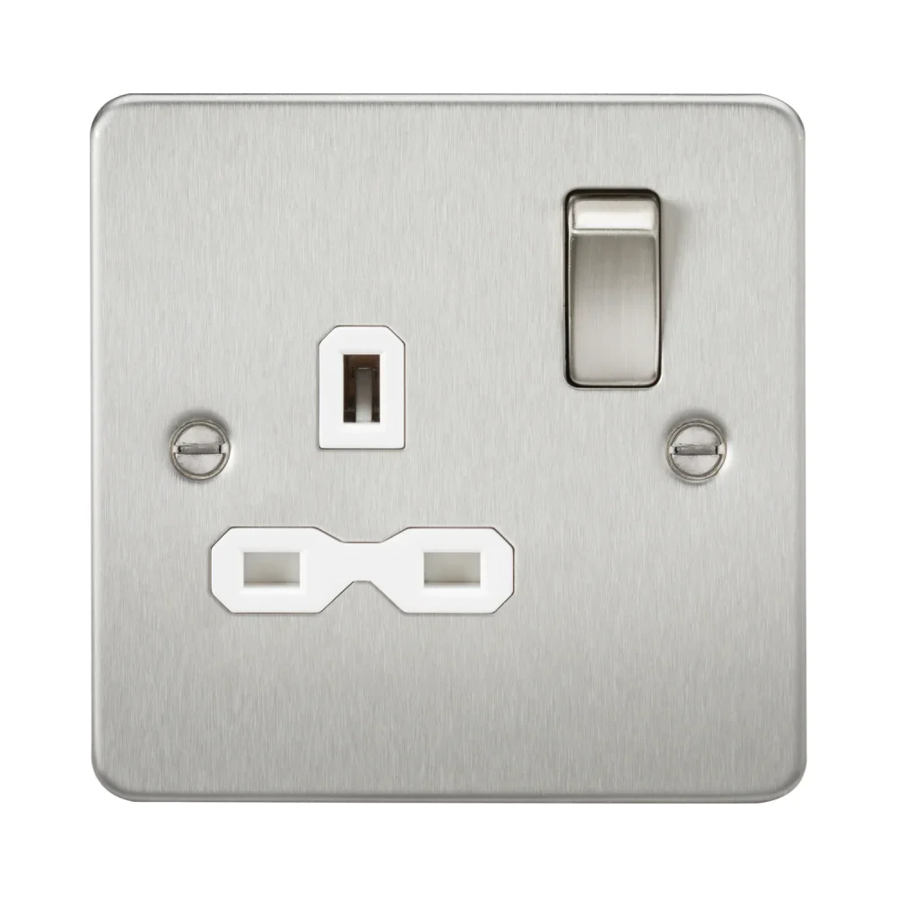 Knightsbridge FPR7000BCW Brushed Chrome With White Insert 13A 1G Switched Socket 1 Knightsbridge FPR7000BCW Knightsbridge Flat plate 13A 1G DP Switched Socket - Brushed Chrome With White Insert
