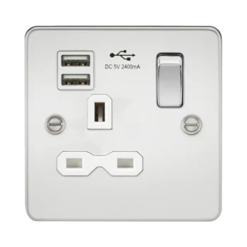 Knightsbridge FPR9124PCW Knightsbridge FPR9124PCW Flat Plate 13A 1 Gang Switched Socket with USB - Polished Chrome with White Insert