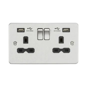 Knightsbridge FPR9224BC Knightsbridge FPR9224BC 13A 2 Gang Switched Socket with Dual USB - Brushed Chrome with Black Insert