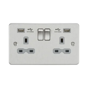 Knightsbridge FPR9224BCG Knightsbridge FPR9224BCG 13A 2 Gang Switched Socket with Dual USB Charger - Brushed Chrome with Grey Insert