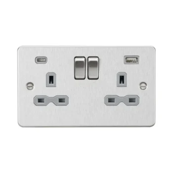 Knightsbridge FPR9940BCG 13A 2G SP Switched Socket with Dual USB A+C (5V DC 4.0A shared) - Brushed Chrome with Grey Insert