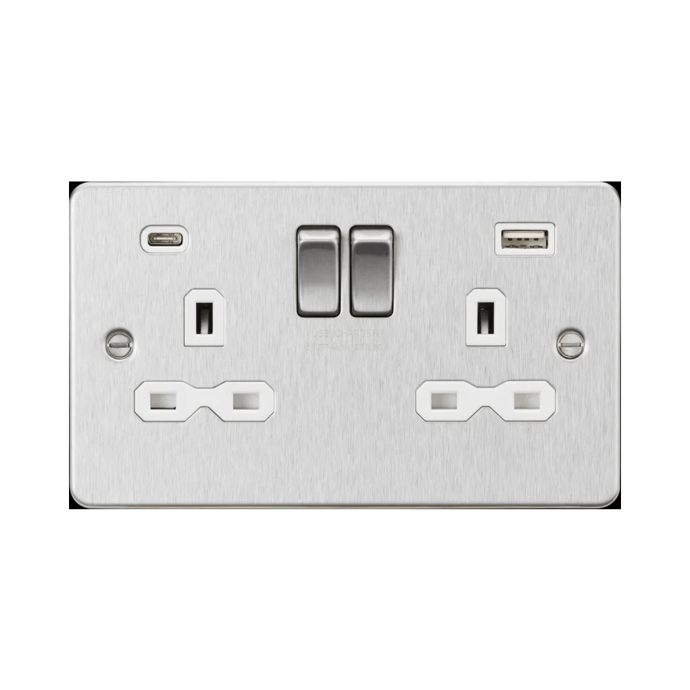 Knightsbridge FPR9940BCW 2 Gang Socket with Dual USB A+C - Brushed Chrome with White Insert 1 Knightsbridge FPR9940BCW Switched Socket with Dual USB A+C - Brushed Chrome with White Insert