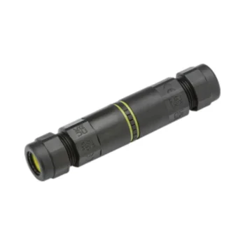 Knightsbridge JB0013 IP68 3 pole waterproof inline connector, black, with compression gland and lever terminals for tool-free cable joining.