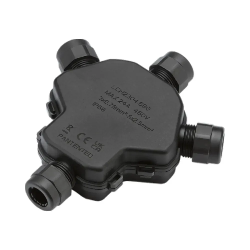 Knightsbridge JB0015 24A 4 Way IP68 Weatherproof Gel Box Connector 1 Knightsbridge JB0015 IP68-rated 4-way gel-filled connector with lever terminals for weatherproof cable joining outdoors.