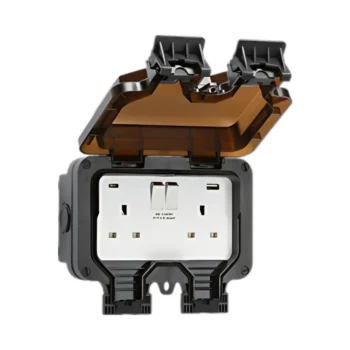 Knightsbridge OP94 2 gang outdoor socket with IP66 seal, dual USB ports (A & C), and 13A switched sockets – ideal for garden and exterior power access.