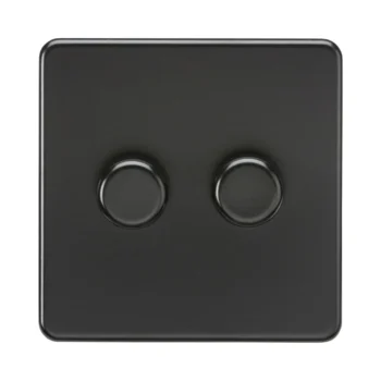 Knightsbridge SF2192MBB 2G 2-Way Intelligent Dimmer with matt black screwless faceplate, LED compatibility, and front-adjustable trailing/leading-edge modes.