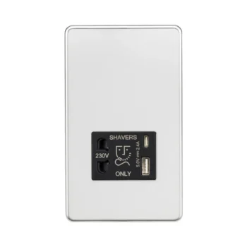 Knightsbridge SF8909PC Knightsbridge 230V Shaver Socket with Dual USB A+C (5V DC 2.4A shared) - Polished Chrome with Black Insert