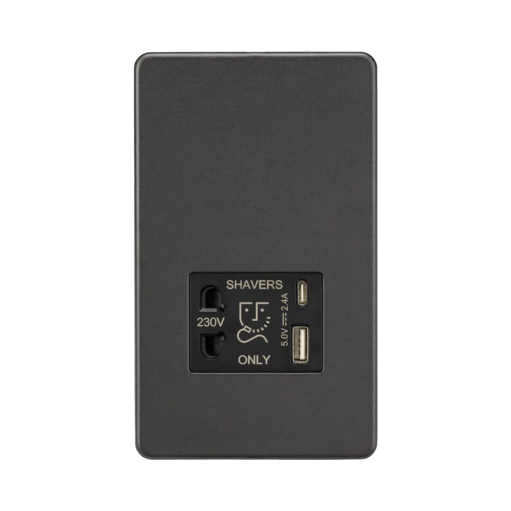 Knightsbridge SF8909SB Screwless Smoked Bronze USB Shaver Socket with Black Insert 1 Knightsbridge SF8909SB Knightsbridge 230V Shaver Socket with Dual USB A+C (5V DC 2.4A shared) - Smoked Bronze with Black Insert