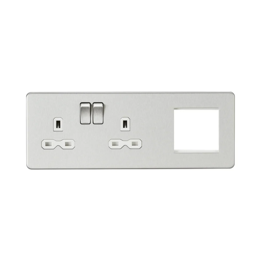 Knightsbridge SFR192LBCW Screwless Brushed Chrome with White Insert 13A 2G Socket + 2G Modular Plate 1 Knightsbridge SFR192LBCW Knightsbridge Screwless 13A 2G DP Socket + 2G Modular Combination Plate - Brushed Chrome with White Insert