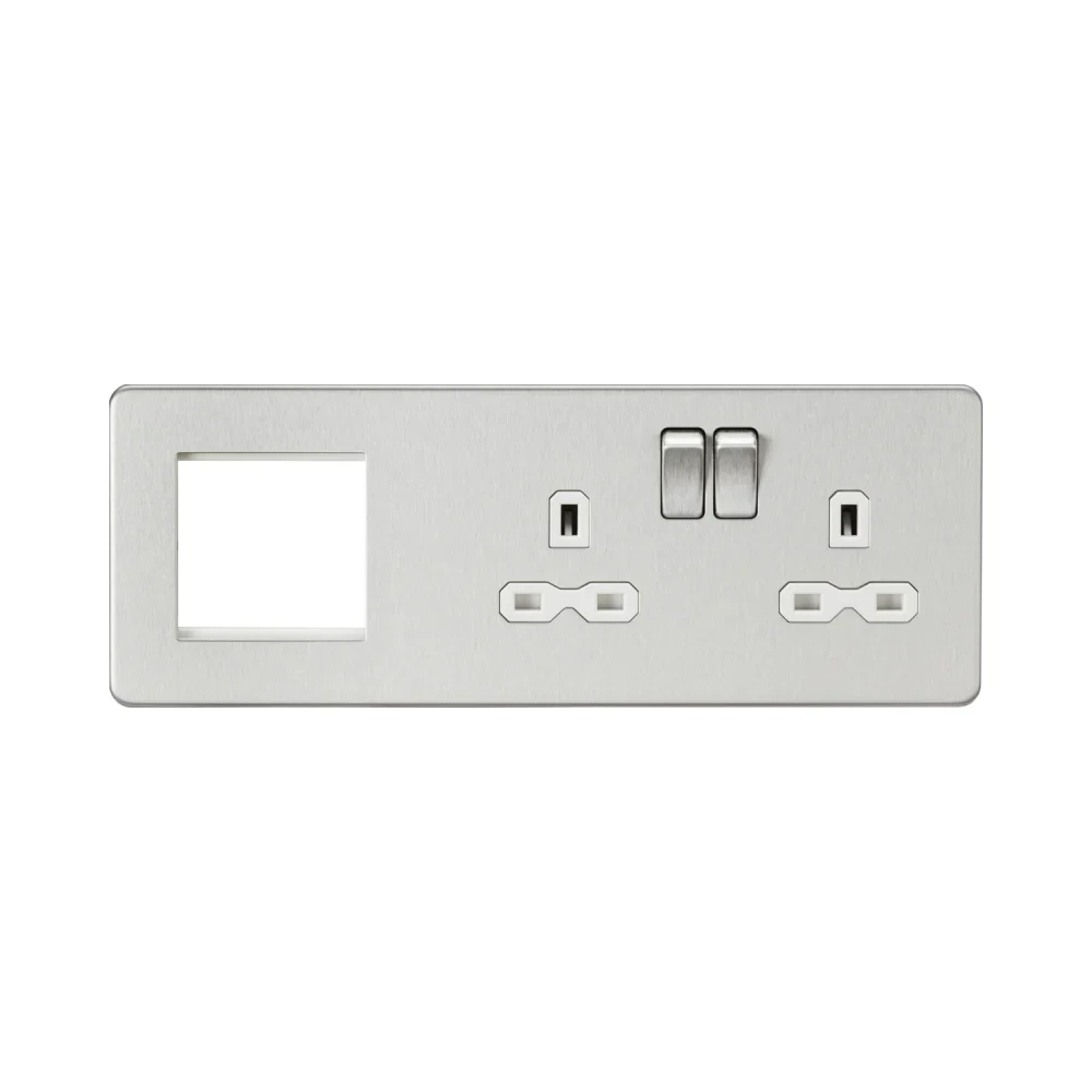 Knightsbridge SFR192RBCW Screwless Brushed Chrome with White Insert 13A 2G Socket + 2G Modular Plate 1 Knightsbridge SFR192RBCW Knightsbridge Screwless 13A 2G DP Socket + 2G Modular Combination Plate - Brushed Chrome with White Insert