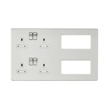 Knightsbridge SFR298BCW Combination Plate, Brushed Chrome, Dual 13A Sockets, 8 Euro Module Spaces, Screwless Design, Modern Power & Signal Distribution.