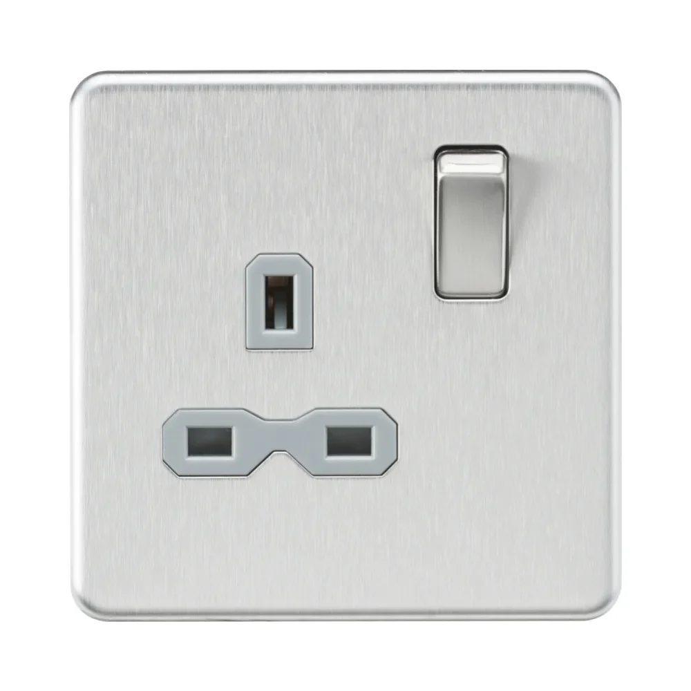 Knightsbridge SFR7000BCG Screwless Brushed Chrome with Grey Insert 13A 1G Switched Socket 1 Knightsbridge SFR7000BCG Knightsbridge SFR7000BCG Screwless 13A 1 Gang Switched Socket - Brushed Chrome with Grey Insert