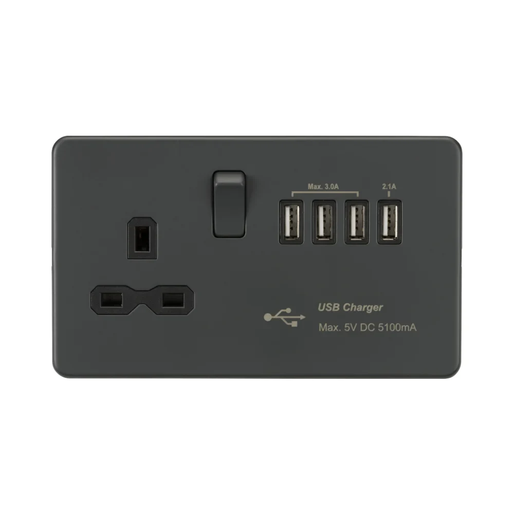 Knightsbridge SFR7USB4AT 13A Switched Socket with Quad USB-A (5V DC 5.1A shared) - Anthracite with Black Insert 1 Knightsbridge SFR7USB4AT 13A Switched Socket with Quad USB-A (5V DC 5.1A shared) - Anthracite with Black Insert