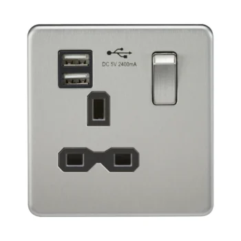 Knightsbridge SFR9124BC Knightsbridge Screwless 13A 1G Switched Socket with Dual USB Charger (2.4A) - Brushed Chrome with Black Insert