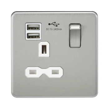 Knightsbridge SFR9124BCW Knightsbridge Screwless 13A 1G Switched Socket with Dual USB Charger (2.4A) - Brushed Chrome with White Insert
