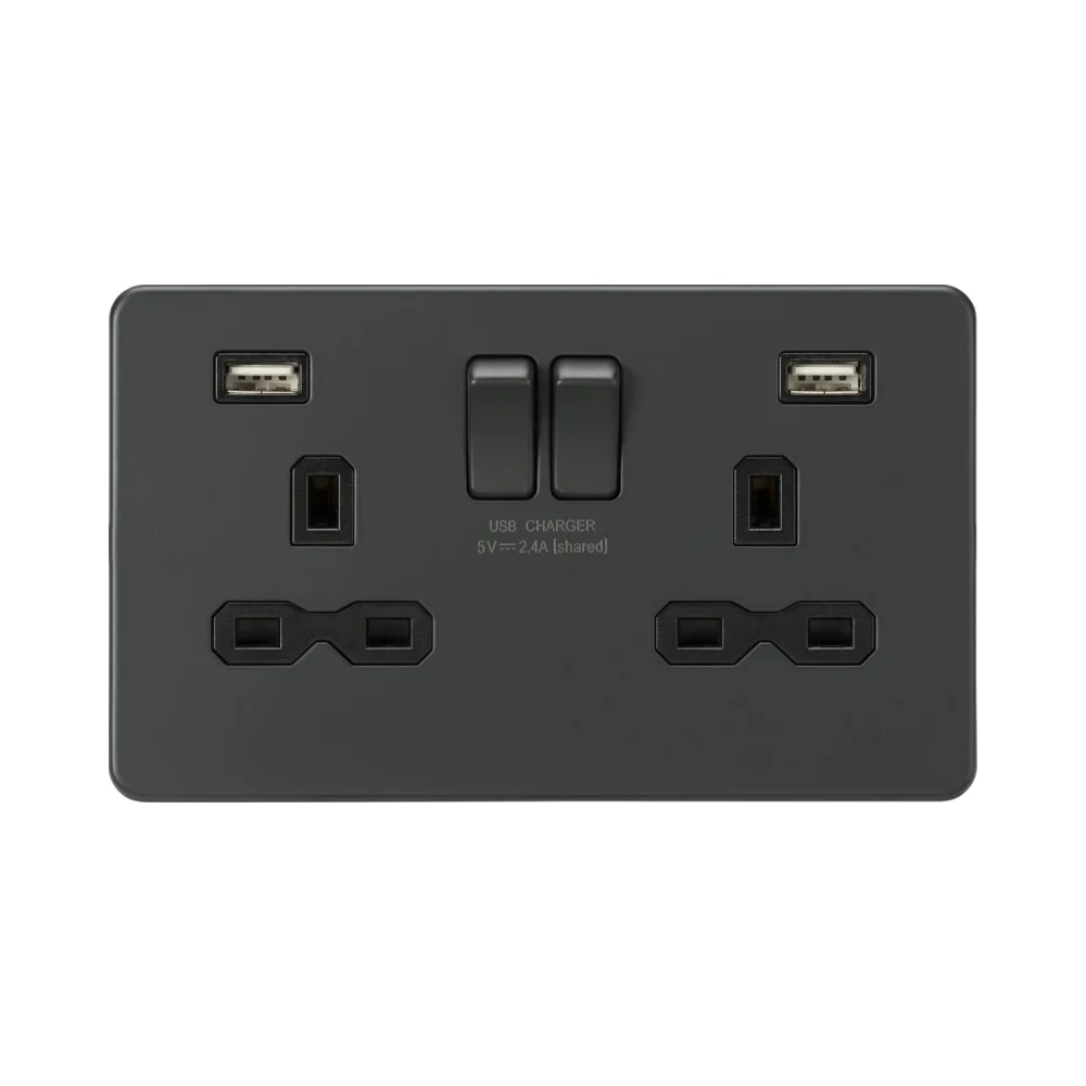 Knightsbridge SFR9224AT 13A 2G SP Switched Socket with USB - Anthracite 1 Knightsbridge SFR9224AT 13A 2G SP Switched Socket with USB - Anthracite